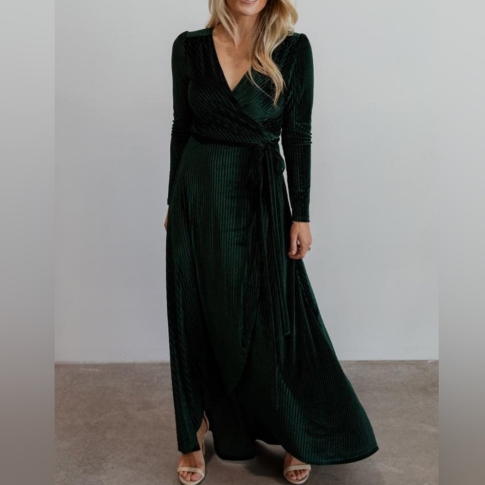 Emerald Green Wrap Gown with Bishop Sleeves